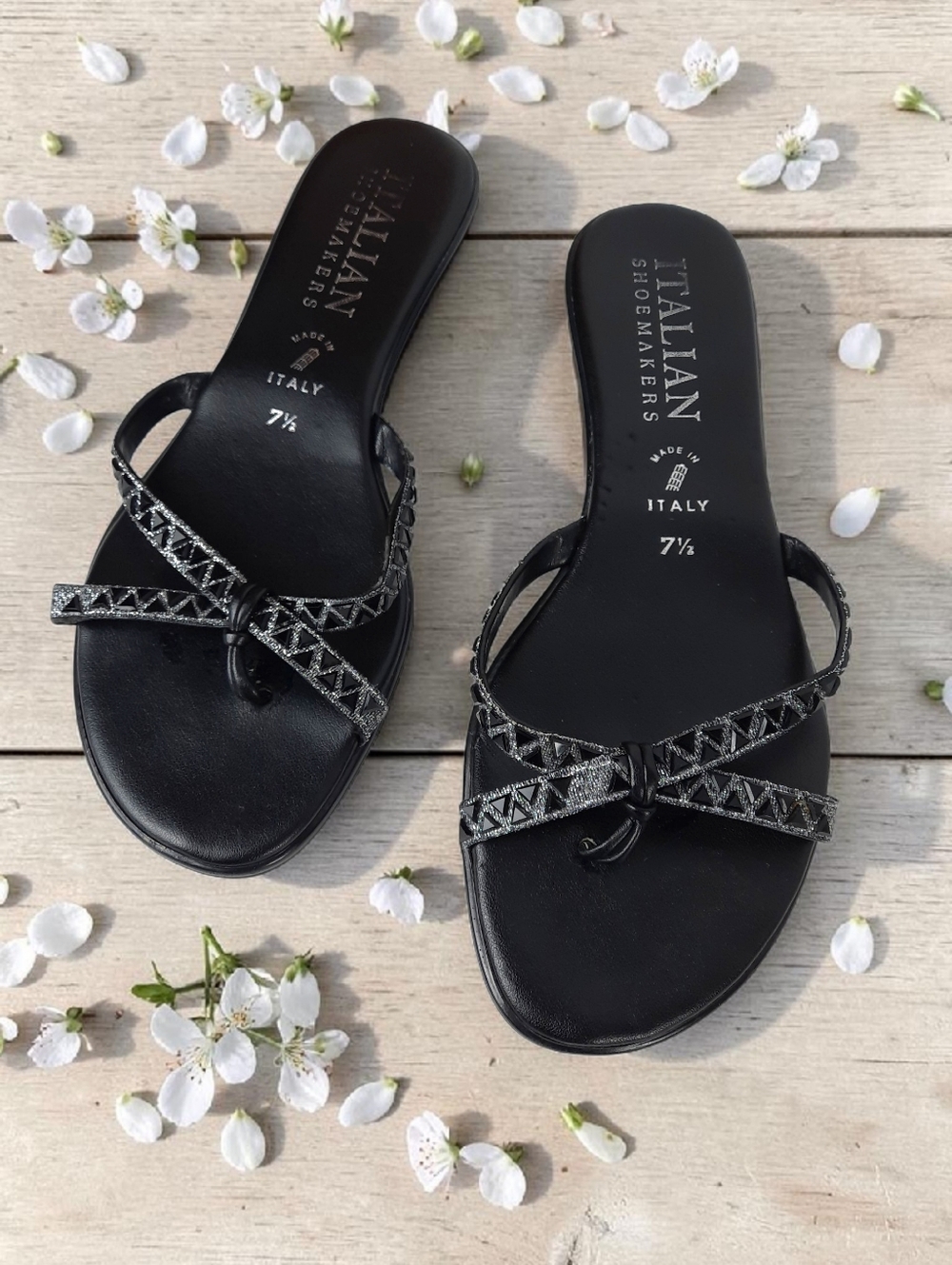 Italian Shoemakers Black Sandals With Rhinestone Accents